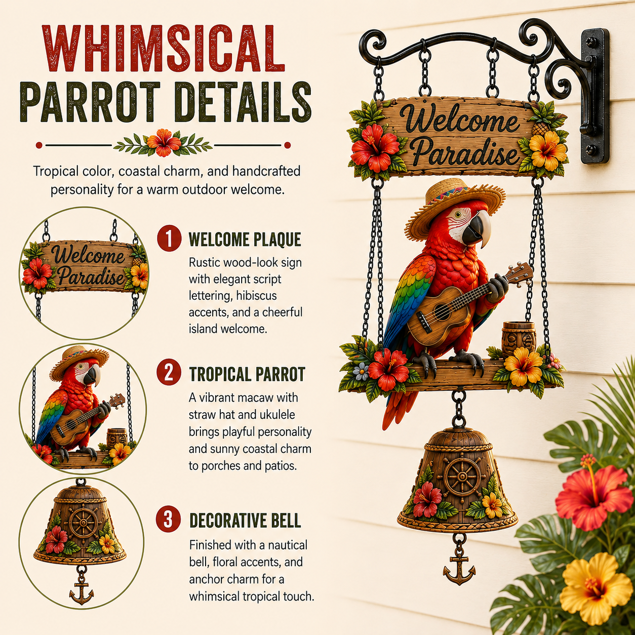 🦜 Tropical Parrot Welcome Bell Outdoor Decoration